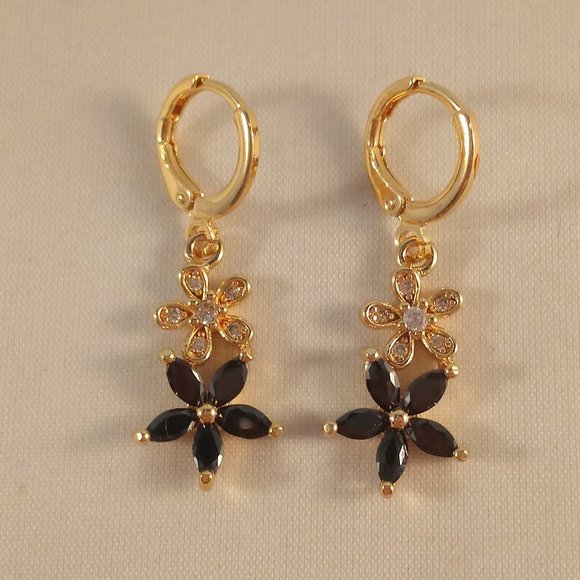 18K Yellow Gold Filled Black Onyx Diamond Zircon Layered Flower Dangle Earrings - Picture 3 of 5